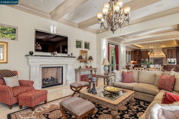 Chandelier, Fireplace, Interior, Kitchen, Living room, Recessed Lighting