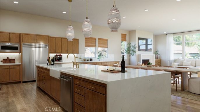 Fireplace, Interior, Kitchen, Pendant Lights, Recessed Lighting, Stainless Steel Appliances, Wood Texture Flooring