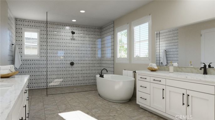 Bathroom, Dual Sink Vanities, Free Standing Baths, Glass Shower, Interior, Recessed Lighting