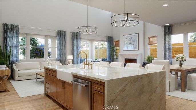 Dining room, Fireplace, Interior, Kitchen, Living room, Pendant Lights, Recessed Lighting, Stainless Steel Appliances, Wood Texture Flooring