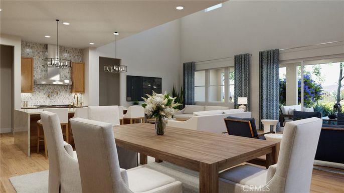 Dining room, Interior, Living room, Pendant Lights, Recessed Lighting, Wood Texture Flooring