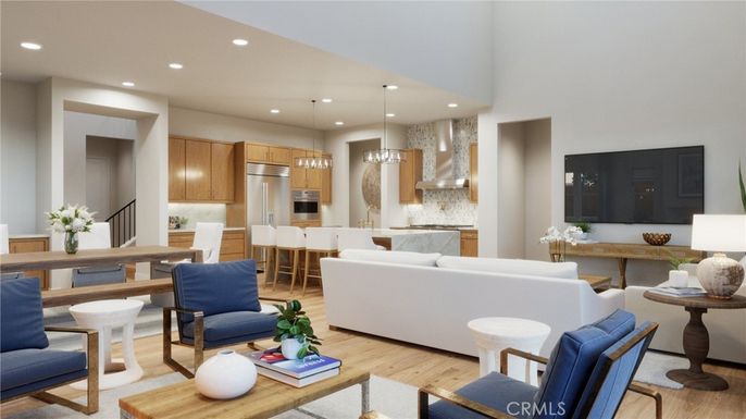 Dining room, Interior, Kitchen, Living room, Pendant Lights, Recessed Lighting, Stainless Steel Appliances, Wood Texture Flooring