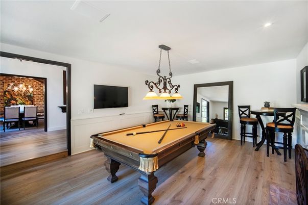 Billiard Table, Chandelier, Game Room, Interior, Recessed Lighting, Wood Texture Flooring
