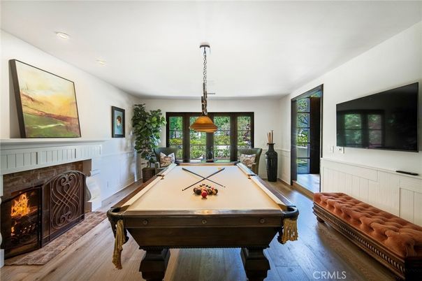 Billiard Table, Fireplace, Game Room, Interior, Pendant Lights, Recessed Lighting, Wood Texture Flooring