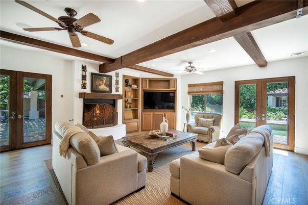 Fireplace, Interior, Living room, Recessed Lighting, Wooden Beams, Wood Texture Flooring