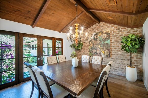 Chandelier, Dining room, Interior, Pendant Lights, Stone Walls, Wooden Beams, Wooden Ceilings, Wood Texture Flooring