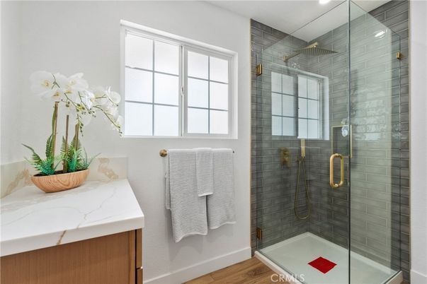 Bathroom, Glass Shower, Interior, Recessed Lighting, Wood Texture Flooring