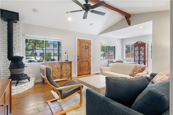 Fireplace, Interior, Living room, Recessed Lighting, Stone Walls, Wooden Beams, Wood Texture Flooring