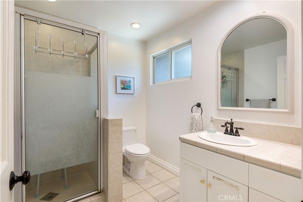 Bathroom, Glass Shower, Interior, Recessed Lighting, Tile Countertops