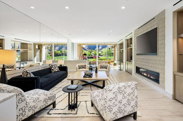 Dining room, Fireplace, Interior, Living room, Recessed Lighting, Wood Texture Flooring