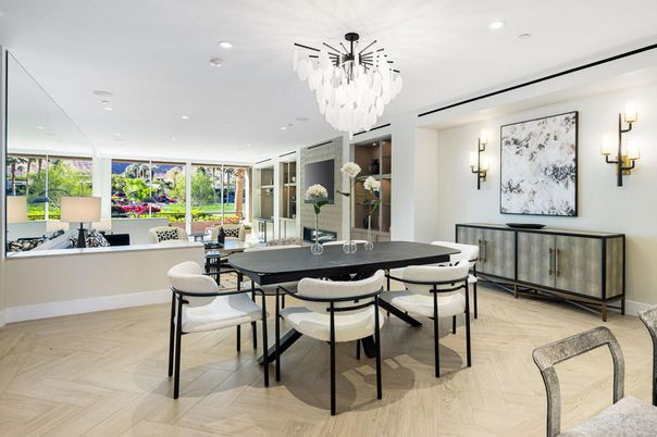 Chandelier, Dining room, Interior, Recessed Lighting, Wood Texture Flooring