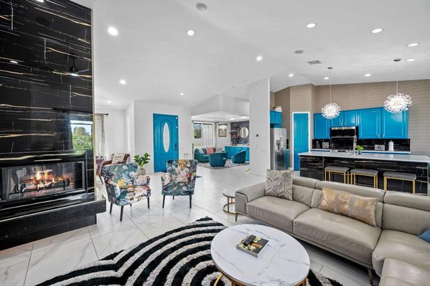Fireplace, Interior, Kitchen, Living room, Marble, Pendant Lights, Recessed Lighting