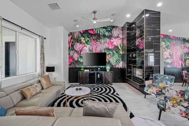 Fireplace, Interior, Living room, Marble, Recessed Lighting