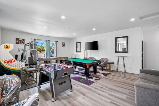 Billiard Table, Fitness Equipment, Game Room, Interior, Recessed Lighting, Wood Texture Flooring