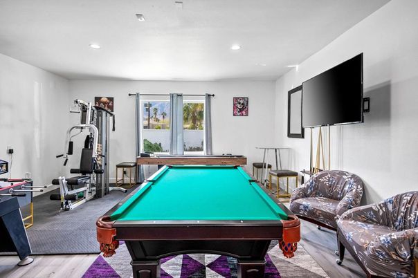 Billiard Table, Fitness Equipment, Game Room, Interior, Recessed Lighting, Wood Texture Flooring