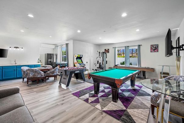 Billiard Table, Fitness Equipment, Game Room, Interior, Recessed Lighting, Wood Texture Flooring