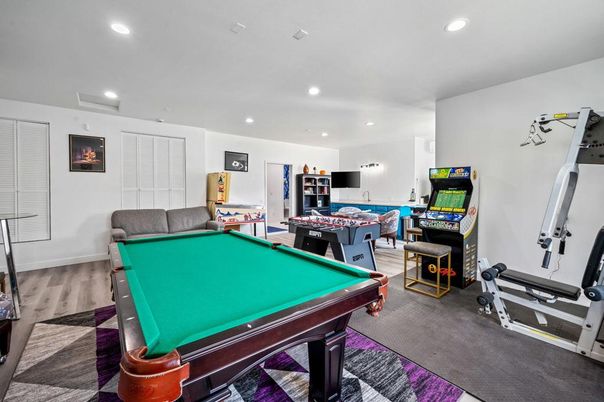 Billiard Table, Game Room, Interior, Recessed Lighting, Wood Texture Flooring