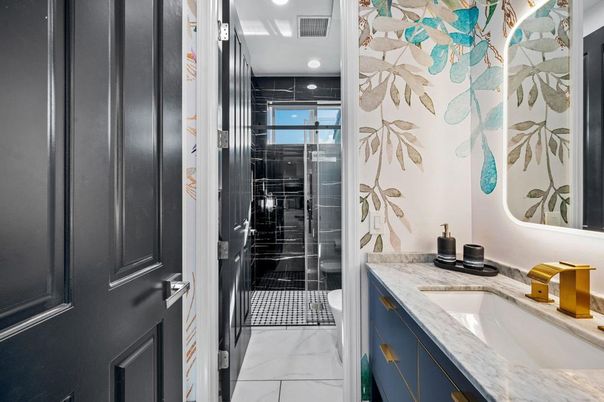 Bathroom, Dual Sink Vanities, Glass Shower, Interior, Marble, Recessed Lighting