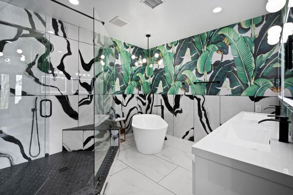 Bathroom, Free Standing Baths, Glass Shower, Interior, Marble, Pendant Lights, Recessed Lighting