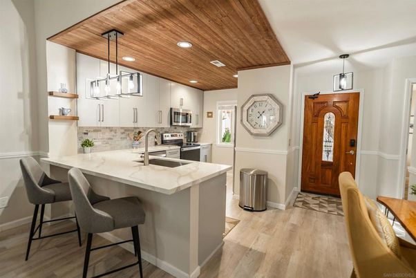 Interior, Kitchen, Pendant Lights, Recessed Lighting, Stainless Steel Appliances, Wooden Ceilings, Wood Texture Flooring