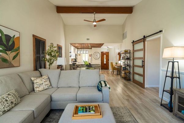 Interior, Living room, Pendant Lights, Wooden Beams, Wood Texture Flooring