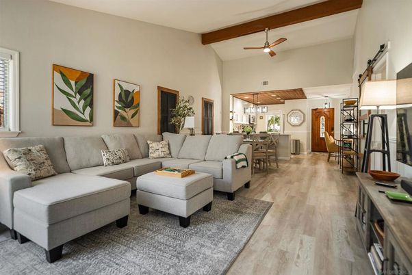 Dining room, Interior, Living room, Pendant Lights, Recessed Lighting, Wooden Beams, Wood Texture Flooring