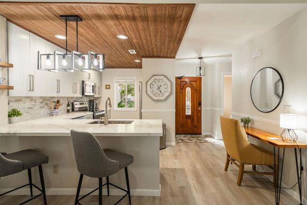 Interior, Kitchen, Pendant Lights, Recessed Lighting, Wooden Ceilings, Wood Texture Flooring