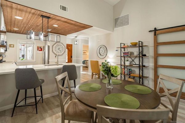 Dining room, Interior, Pendant Lights, Recessed Lighting, Wooden Ceilings, Wood Texture Flooring