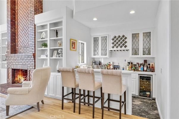 Fireplace, Interior, Recessed Lighting, Stone Walls, Wood Texture Flooring