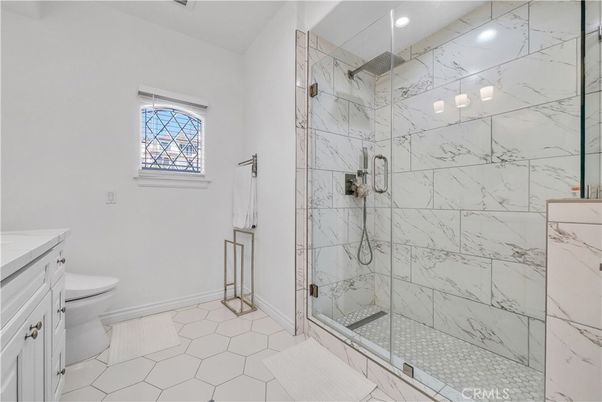 Bathroom, Glass Shower, Interior, Marble Walls, Recessed Lighting