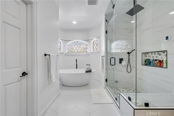 Bathroom, Free Standing Baths, Glass Shower, Interior, Marble Walls, Recessed Lighting