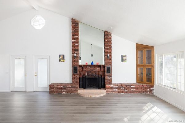 Empty room, Fireplace, Interior, Stone Walls, Wood Texture Flooring