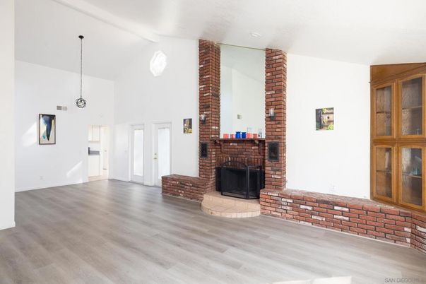 Empty room, Fireplace, Interior, Pendant Lights, Wood Texture Flooring