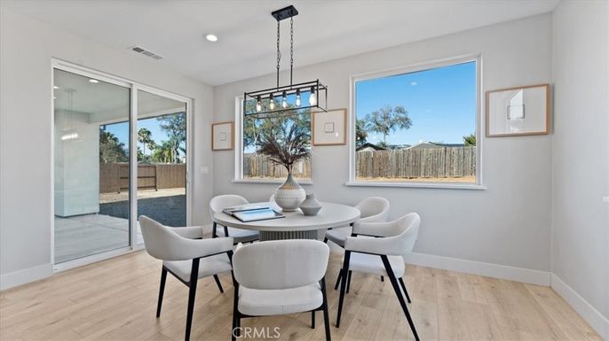 Dining room, Interior, Pendant Lights, Recessed Lighting, Wood Texture Flooring
