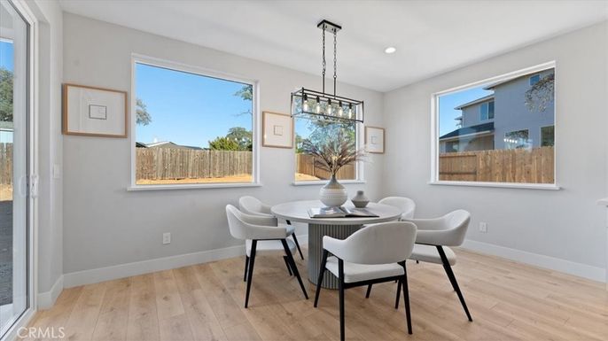 Dining room, Interior, Pendant Lights, Recessed Lighting, Wood Texture Flooring