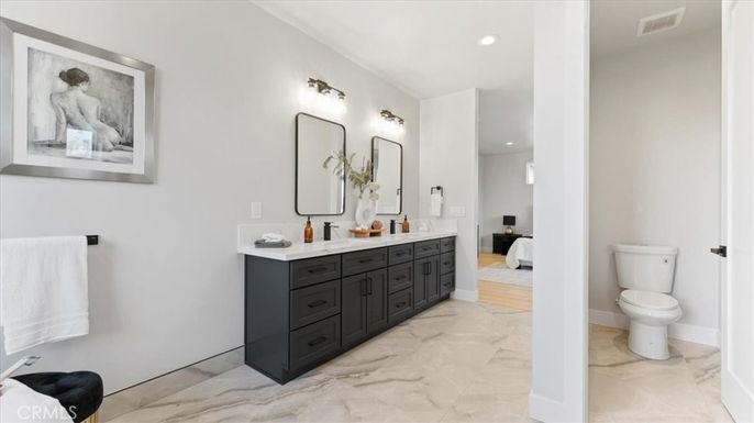 Bathroom, Bedroom, Dual Sink Vanities, Interior, Marble, Recessed Lighting