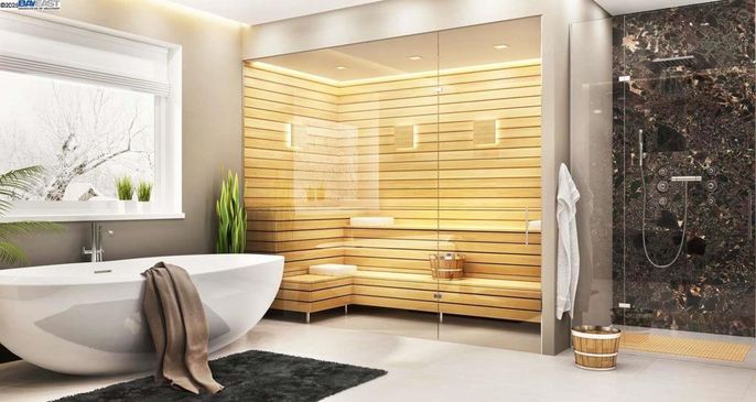 Bathroom, Free Standing Baths, Glass Shower, Interior, Recessed Lighting, Wooden Walls