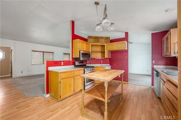 Interior, Kitchen, Pendant Lights, Stainless Steel Appliances, Wood Texture Flooring