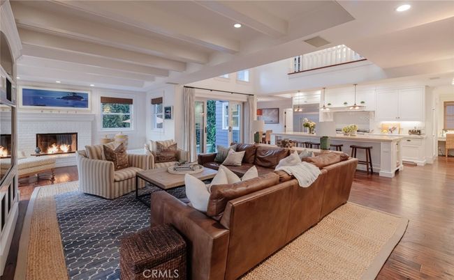 Fireplace, Interior, Kitchen, Living room, Pendant Lights, Recessed Lighting, Wood Texture Flooring