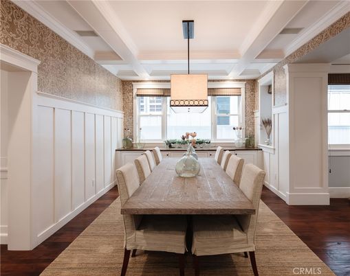 Dining room, Interior, Pendant Lights, Wood Texture Flooring