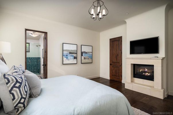 Bedroom, Chandelier, Fireplace, Interior, Wood Texture Flooring