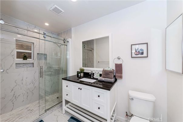 Bathroom, Glass Shower, Interior, Marble, Marble Walls, Recessed Lighting