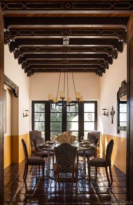Chandelier, Dining room, Interior, Wooden Beams