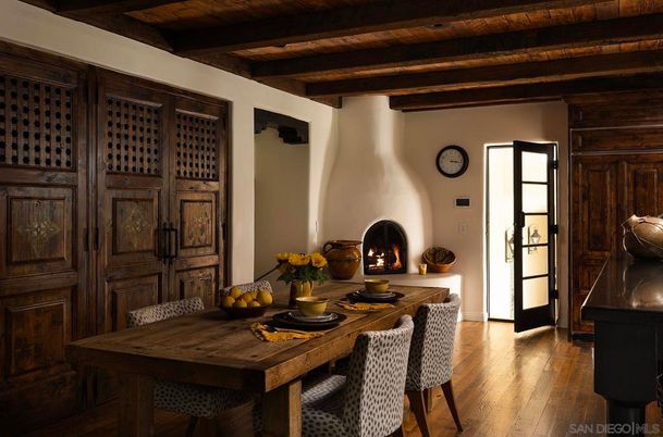 Dining room, Fireplace, Interior, Wooden Beams, Wooden Ceilings, Wood Texture Flooring