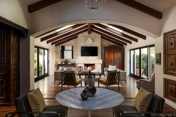Fireplace, Interior, Living room, Stone Walls, Wooden Beams, Wood Texture Flooring