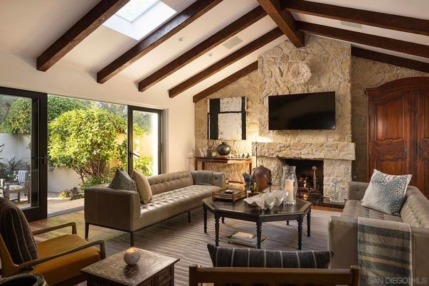 Fireplace, Interior, Living room, Recessed Lighting, Stone Walls, Wooden Beams