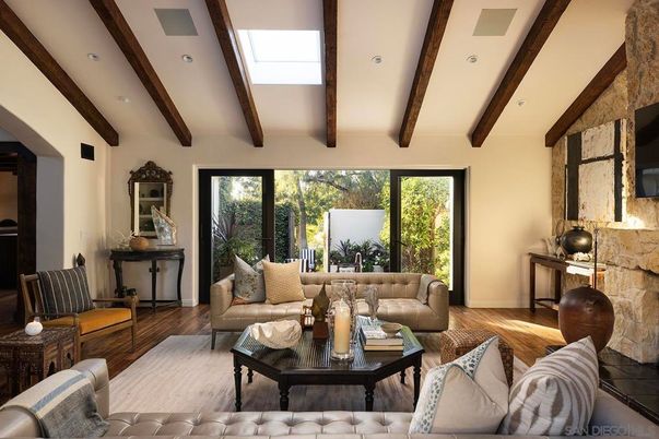Interior, Living room, Recessed Lighting, Stone Walls, Wooden Beams, Wood Texture Flooring