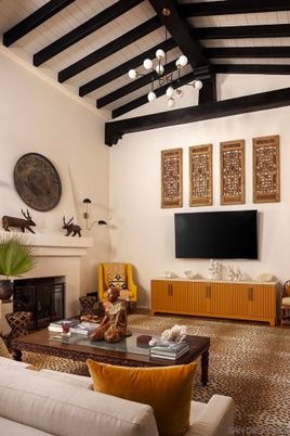 Fireplace, Interior, Living room, Pendant Lights, Wooden Beams