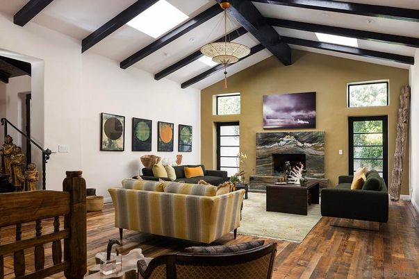 Fireplace, Interior, Living room, Pendant Lights, Wooden Beams, Wood Texture Flooring