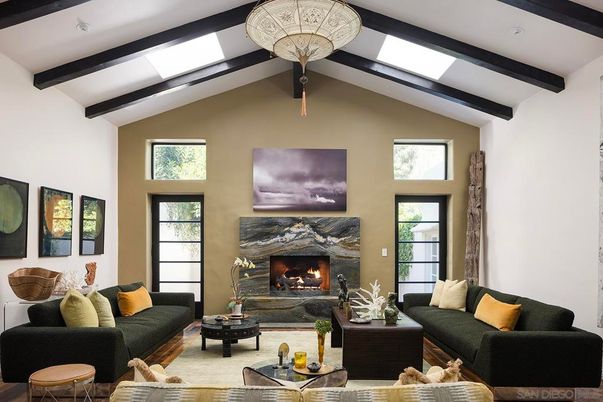 Fireplace, Interior, Living room, Recessed Lighting, Wooden Beams
